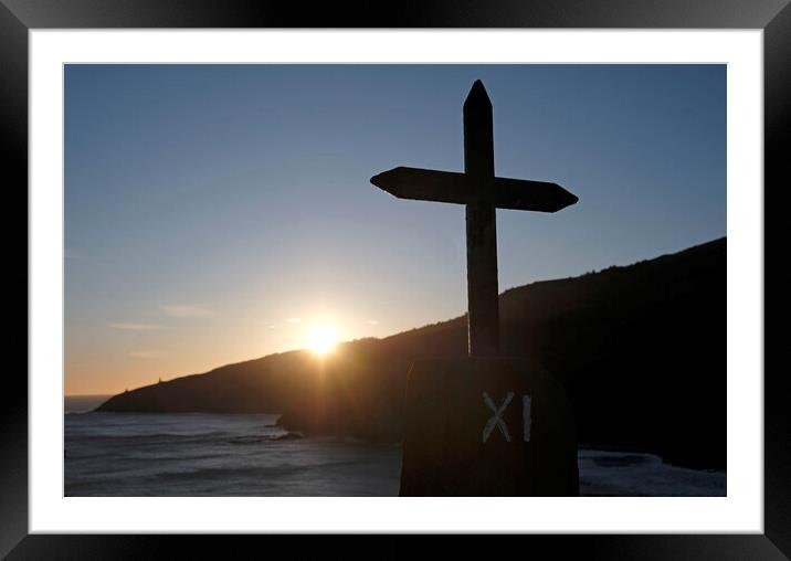 Metal cross in front of the ocean during sunrise Framed Mounted Print by Lensw0rld 