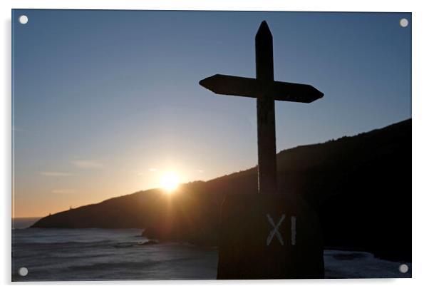 Metal cross in front of the ocean during sunrise Acrylic by Lensw0rld 