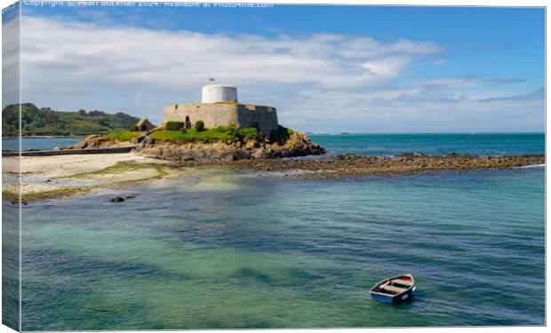 Grey Fort in Rocquaine Bay, Guernsey Canvas Print by Pearl Bucknall