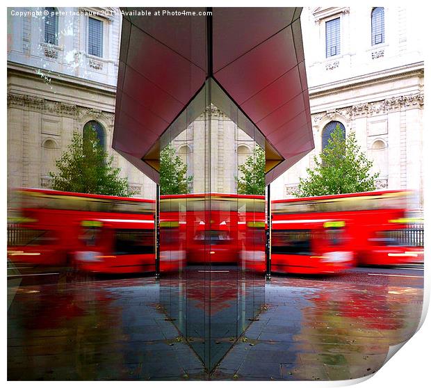 Red London Bus Reflected Print by peter tachauer