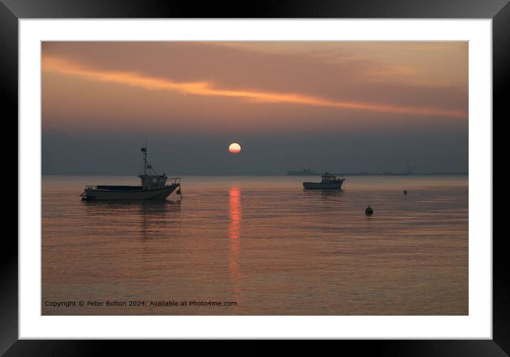 Sunset, Southend on Sea. Tranquil setting at high tide. Boats at anchor. Framed Mounted Print by Peter Bolton