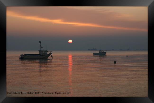 Sunset, Southend on Sea. Tranquil setting at high tide. Boats at anchor. Framed Print by Peter Bolton