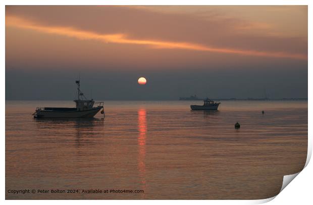 Sunset, Southend on Sea. Tranquil setting at high tide. Boats at anchor. Print by Peter Bolton