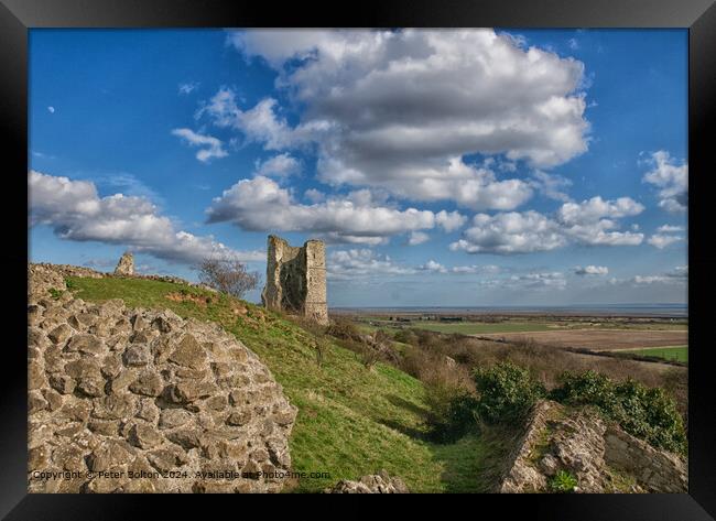 Landscape showing ruins of Hadleigh Castle in Essex. ancient stonework in foreground. Framed Print by Peter Bolton