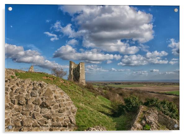 Landscape showing ruins of Hadleigh Castle in Essex. ancient stonework in foreground. Acrylic by Peter Bolton