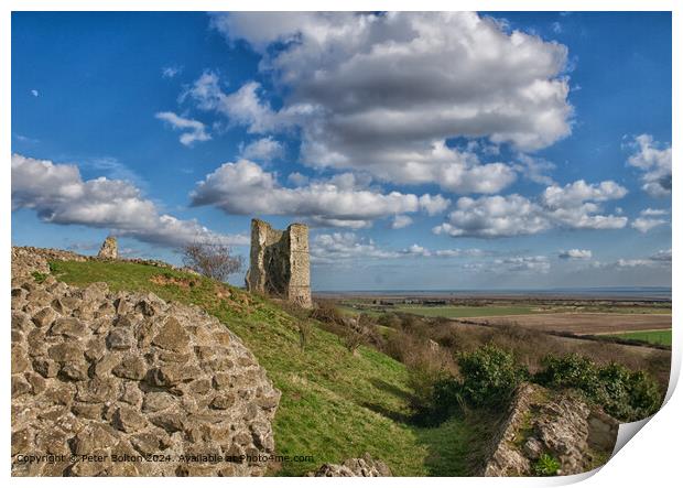 Landscape showing ruins of Hadleigh Castle in Essex. ancient stonework in foreground. Print by Peter Bolton