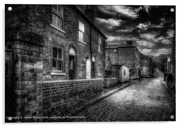 Victorian cobble stone street and shops England lit by lamps  Acrylic by Adrian Evans