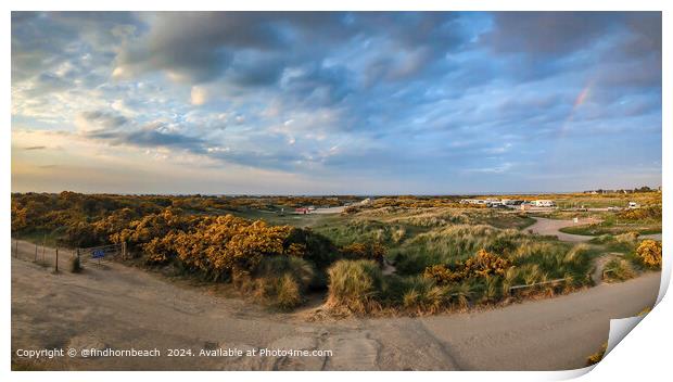 findhorn landscape view looking east over the carpark at sunset Print by @findhornbeach 