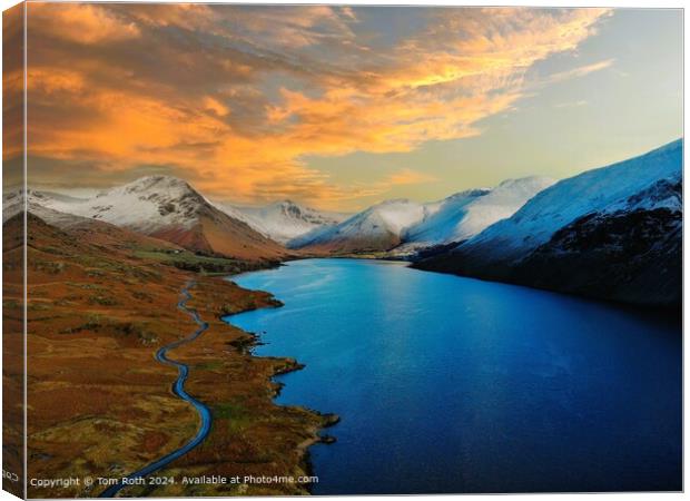 An aerial photograph of snow capped Wastwater Lake at sunset Canvas Print by Tom Roth