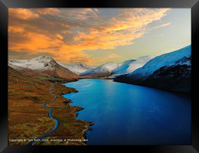 An aerial photograph of snow capped Wastwater Lake at sunset Framed Print by Tom Roth