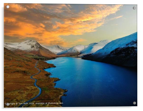 An aerial photograph of snow capped Wastwater Lake at sunset Acrylic by Tom Roth