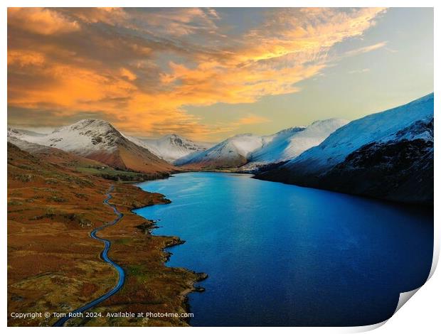 An aerial photograph of snow capped Wastwater Lake at sunset Print by Tom Roth