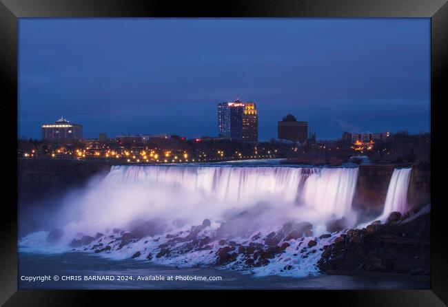 Lighting up time across the magnificent American Falls at Niagara Framed Print by CHRIS BARNARD