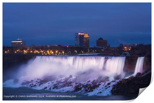 Lighting up time across the magnificent American Falls at Niagara Print by CHRIS BARNARD