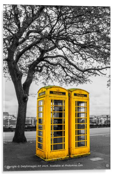 Vintage yellow phone booths in St Peter Port in Guernsey, Channel Islands Acrylic by Delphimages Art