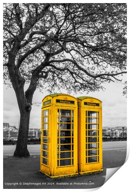 Vintage yellow phone booths in St Peter Port in Guernsey, Channel Islands Print by Delphimages Art