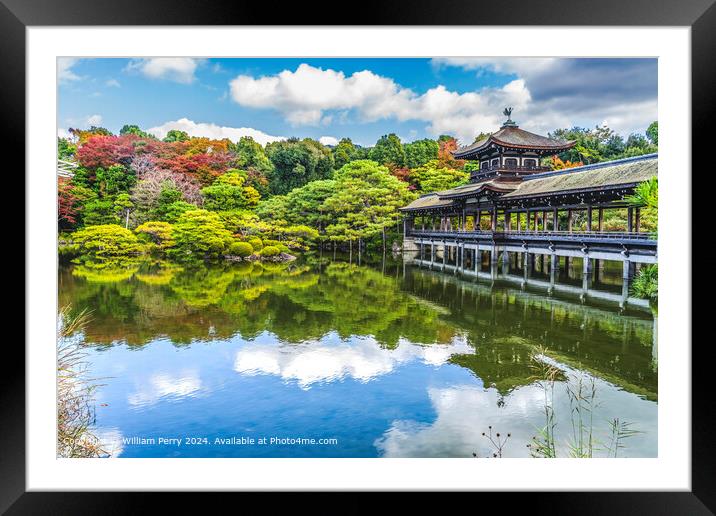 Colorful Autumn Leaves Wooden Bridge East Lake Heian Shinto Shrine Kyoto Japan Framed Mounted Print by William Perry