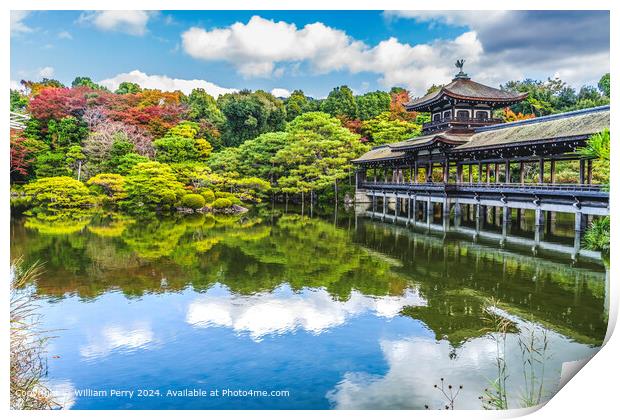 Colorful Autumn Leaves Wooden Bridge East Lake Heian Shinto Shrine Kyoto Japan Print by William Perry