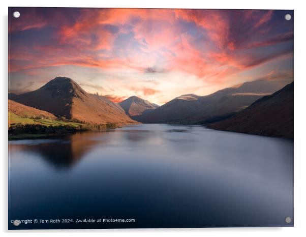 Beautiful aerial photograph of Lake Wastwater and Mountains at sunset Acrylic by Tom Roth