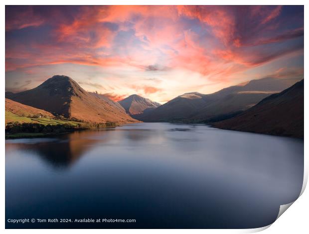 Beautiful aerial photograph of Lake Wastwater and Mountains at sunset Print by Tom Roth