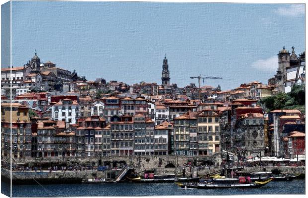 A pencil and watercolour digital painting of the Porto harbourside. Canvas Print by Steve Painter