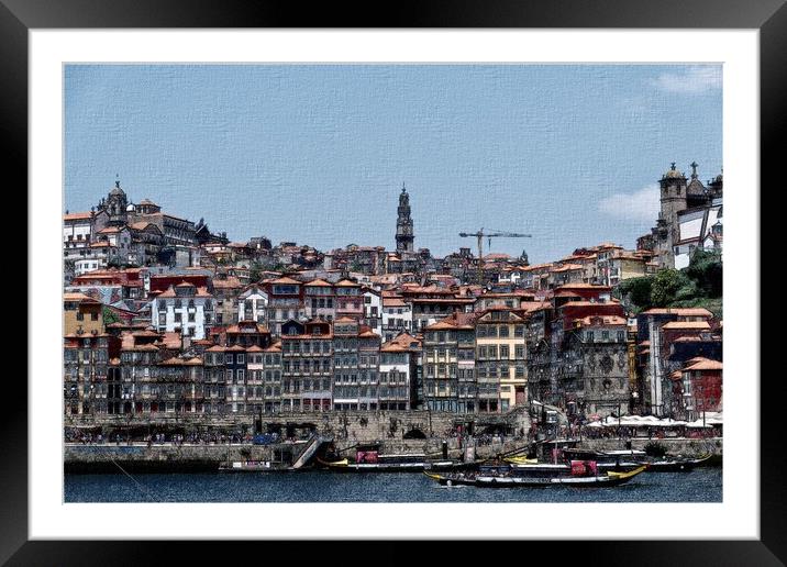 A pencil and watercolour digital painting of the Porto harbourside. Framed Mounted Print by Steve Painter