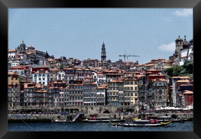 A pencil and watercolour digital painting of the Porto harbourside. Framed Print by Steve Painter