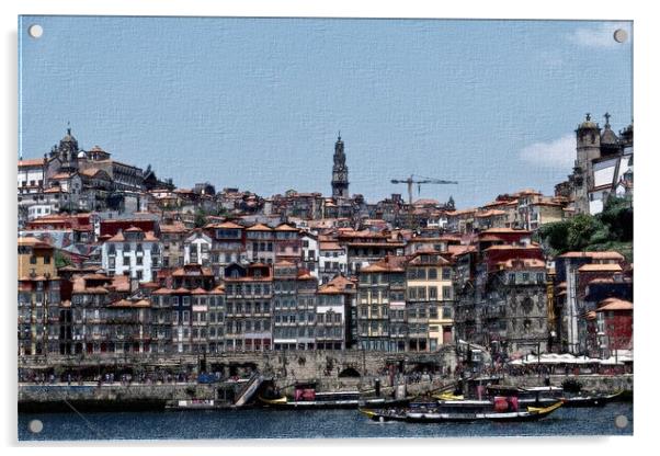 A pencil and watercolour digital painting of the Porto harbourside. Acrylic by Steve Painter