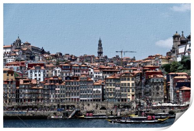 A pencil and watercolour digital painting of the Porto harbourside. Print by Steve Painter