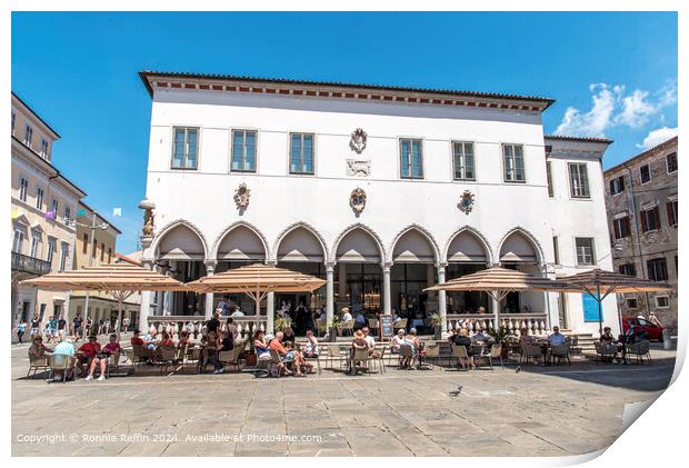 Sunny outdoor cafe in front of historic building Print by Ronnie Reffin