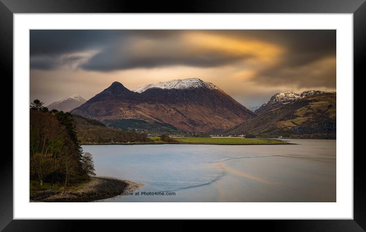 The Pap of Glencoe and Loch Leven at sunset, Scotland. Framed Mounted Print by Andrew Briggs