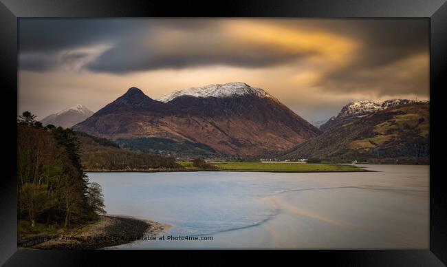 The Pap of Glencoe and Loch Leven at sunset, Scotl Framed Print by Andrew Briggs