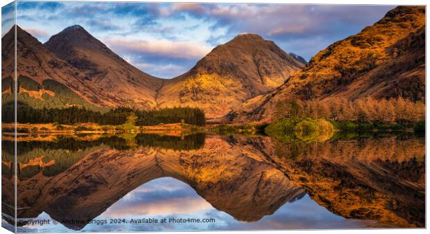 Golden light on the mountains around Lochan Urr in Canvas Print by Andrew Briggs