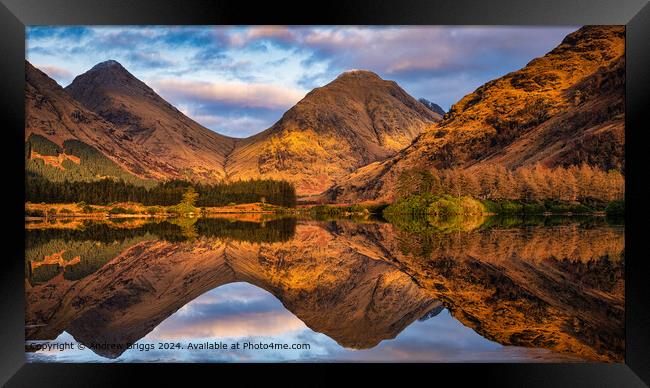 Golden light on the mountains around Lochan Urr in Framed Print by Andrew Briggs
