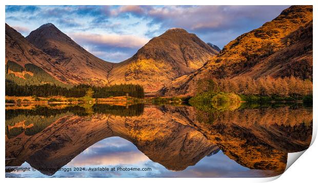 Golden light on the mountains around Lochan Urr in Print by Andrew Briggs