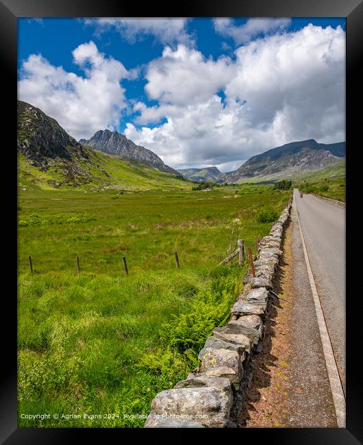 Tryfan Mountain and Ogwen Valley  Framed Print by Adrian Evans
