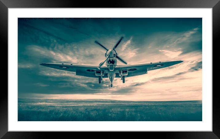 Spitfire landing on an airfield Framed Mounted Print by Derrick Fox Lomax