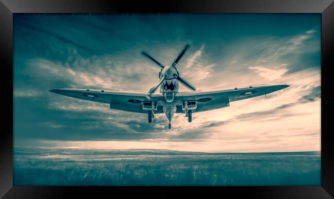 Spitfire landing on an airfield Framed Print by Derrick Fox Lomax