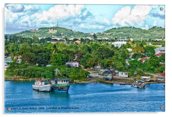 A boat yard near Kingstown, St. Vincent and the Grenadines. Acrylic by Peter Bolton