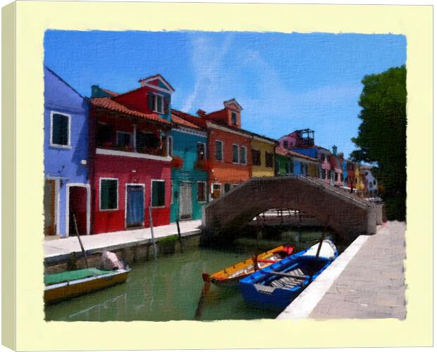 A canal bridge in Burano Italy Canvas Print by Steve Painter