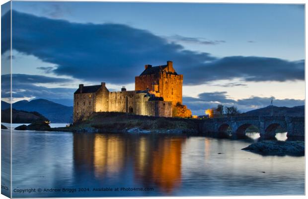 Eilean Donan Castle night shot in the Highlands of Canvas Print by Andrew Briggs