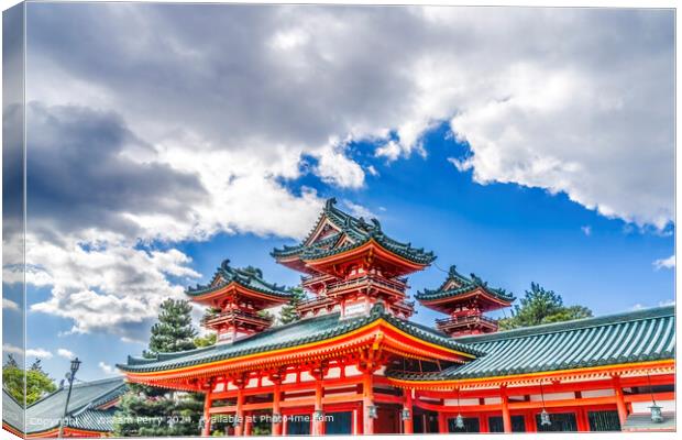 Red Castle Heian Shrine Blue Skies White Clouds Kyoto Japan Canvas Print by William Perry