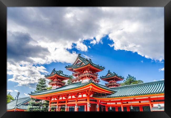Red Castle Heian Shrine Blue Skies White Clouds Kyoto Japan Framed Print by William Perry
