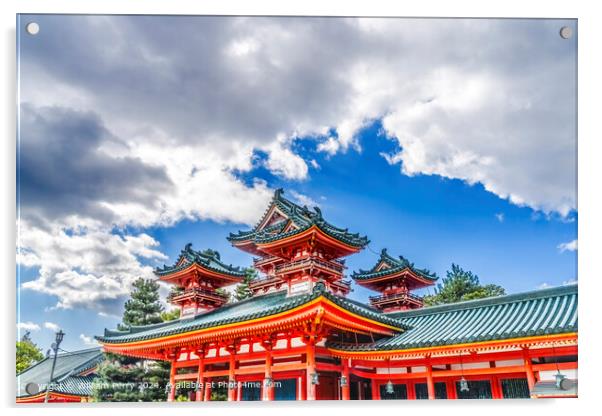Red Castle Heian Shrine Blue Skies White Clouds Kyoto Japan Acrylic by William Perry