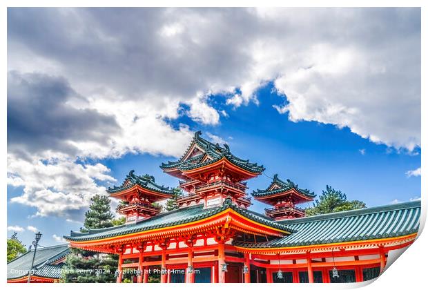 Red Castle Heian Shrine Blue Skies White Clouds Kyoto Japan Print by William Perry