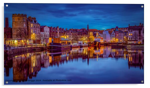 The Shore in Leith, Edinburgh illuminated by night. Acrylic by Andrew Briggs