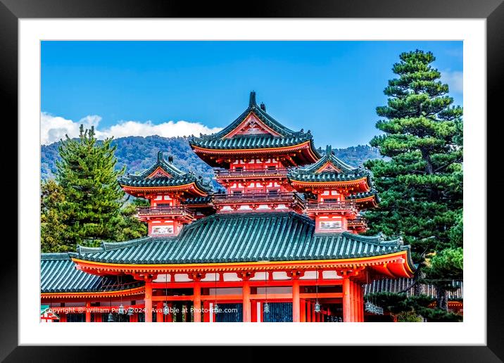 Red Castle Heian Shinto Shrine Blue Skies Clouds Kyoto Japan Framed Mounted Print by William Perry