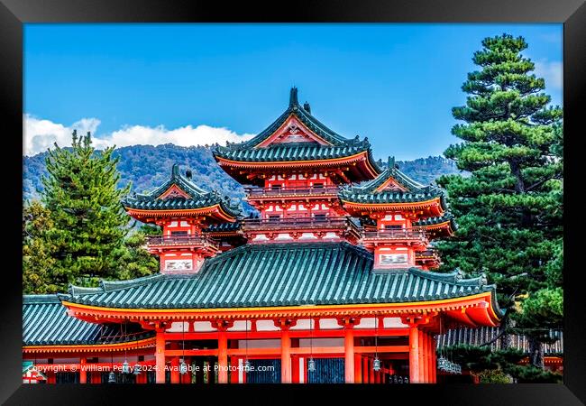 Red Castle Heian Shinto Shrine Blue Skies Clouds Kyoto Japan Framed Print by William Perry