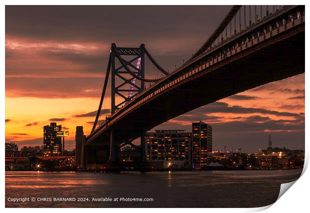 Sunset over the Benjamin Franklyn Bridge Philadelphia Print by CHRIS BARNARD