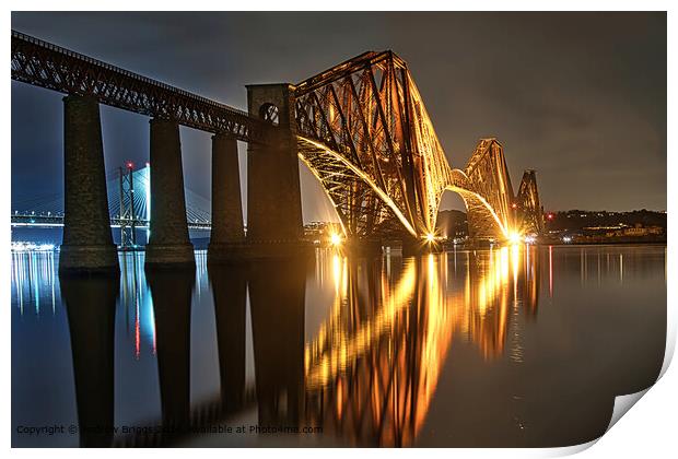 The illuminated Forth Bridge at night. Print by Andrew Briggs